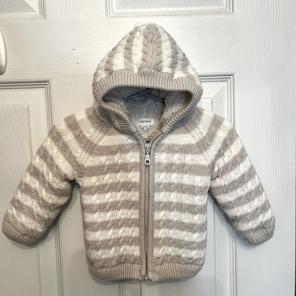 Infant Angel Dear Sherpa Cable Knit Zip Up Hoodie size 0-6 Months. White/grey